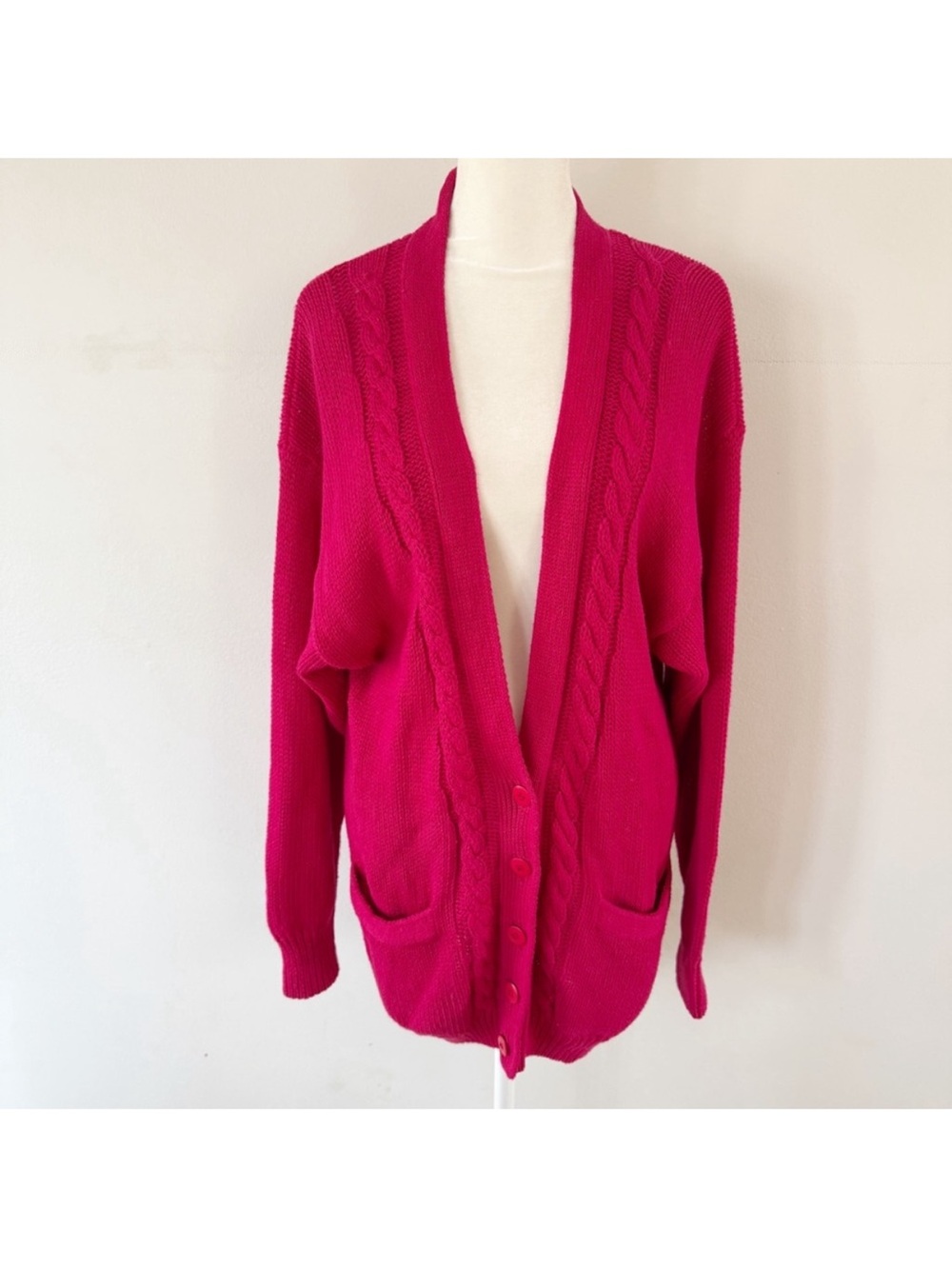 Vintage Women 90s Oversized Cable Knit Cardigan Size 18/20 Classic Bright Casual